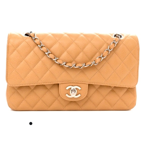 Chanel Classic Caviar Beige Caramel Medium Duble Flap Silver Chain Bag - Picture 1 of 14